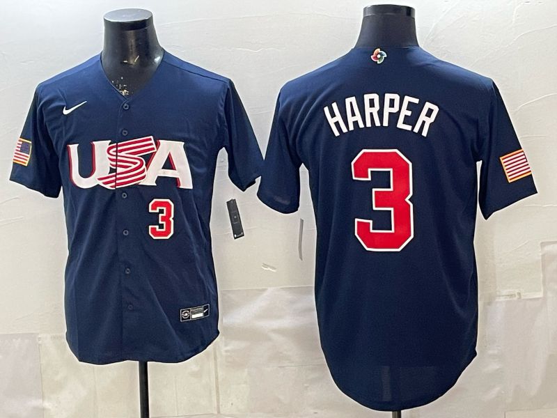Men 2026 World Cub USA #3 Harper Blue Nike MLB Jersey style 004